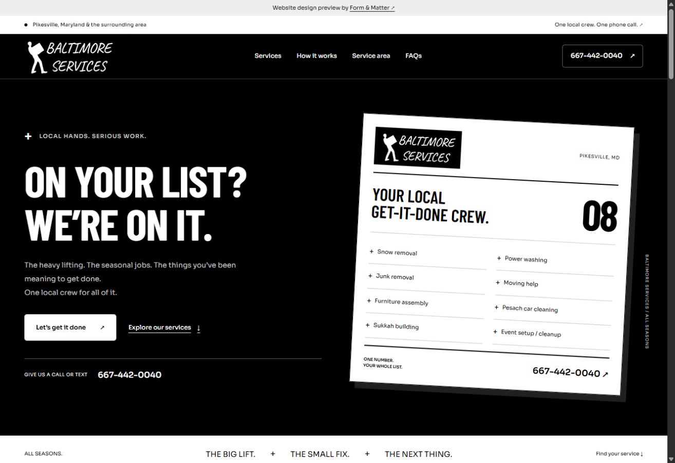 Baltimore Services black-and-white website with its worker logo, bold headline, and a service directory ticket