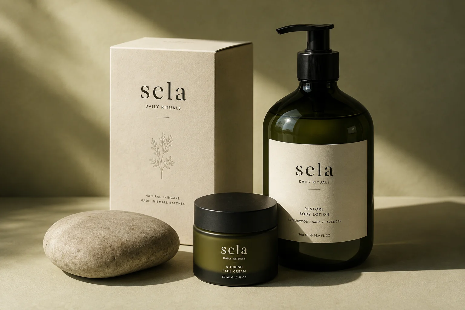 Olive glass skincare packaging from the Sela studio concept
