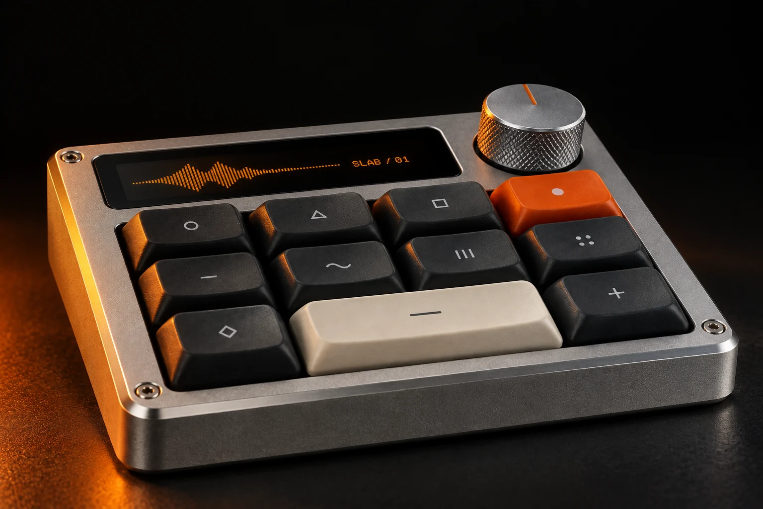 SLAB 01 in a dark studio with orange light across its silver enclosure