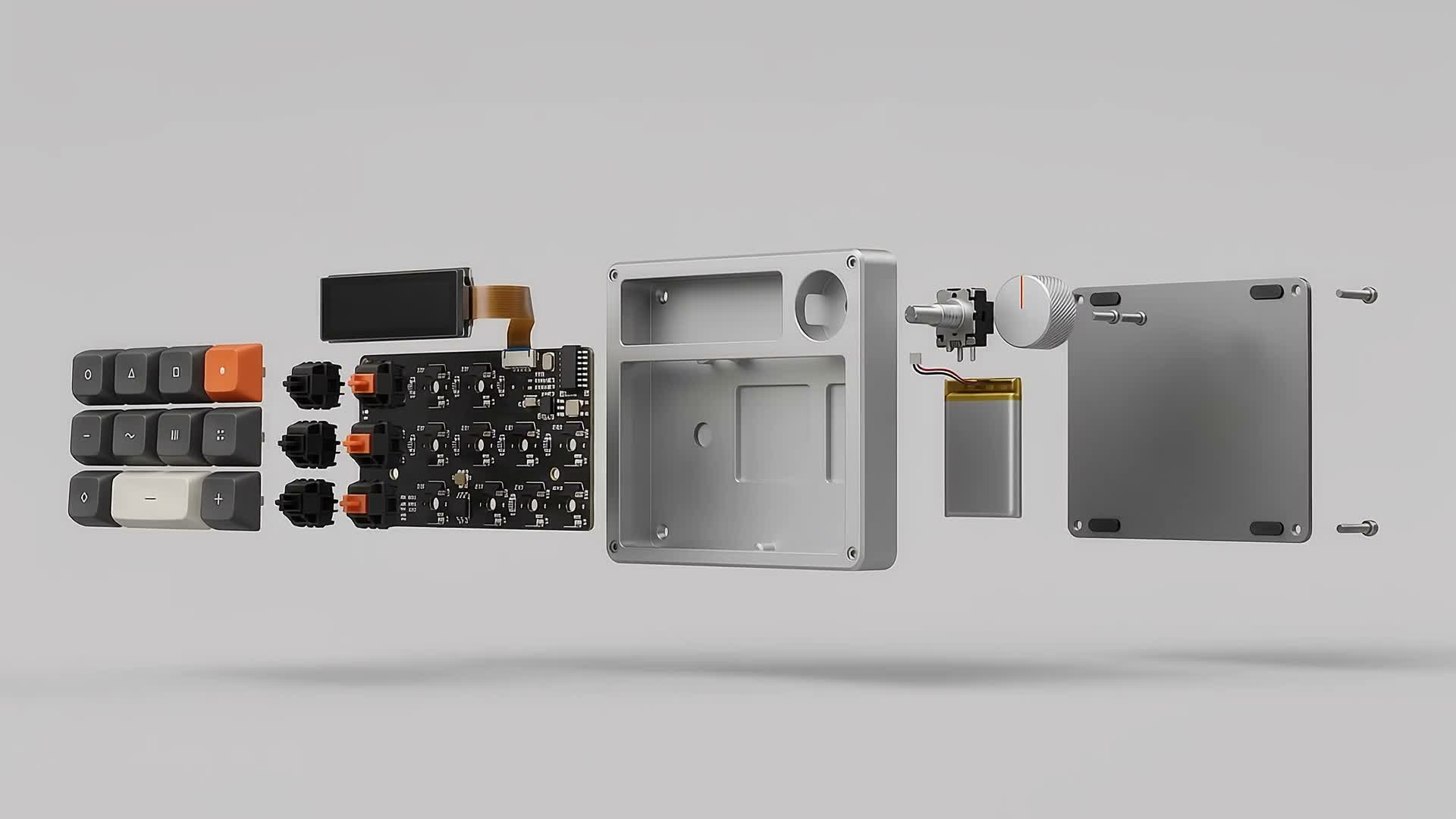 An exploded SLAB controller: keycaps, switches, circuit board, aluminium enclosure, dial and back plate arranged in order.